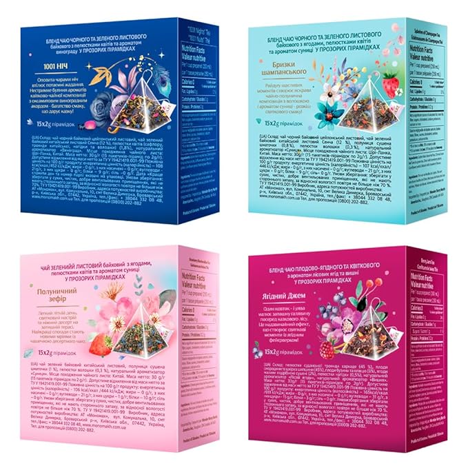 LOVARE Assorted Tea Variety Pack of 60 Pyramids - Made in Ukraine - Set of 4 Pyramid Tea Bags Boxes – 1001 Nights Strawberry Marshmallow Sparkling Splashes Berry Jam - Flavored tea Pyramid Bags