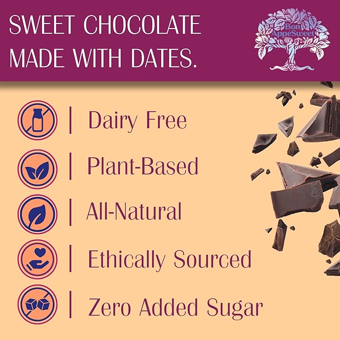 Bon Appesweet Date Sweetened Chocolate Bar - Better Than Milk Chocolate with Crispy Rice | 2.2 Ounce (Pack of 5) | Organic Zero Added Sugar 54% Cacao Plant Based Dairy Free and Guilt Free!
