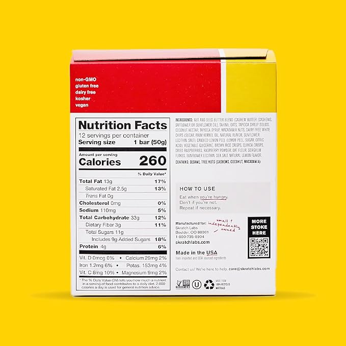 SKRATCH LABS Energy Bar | Raspberry + Lemon (12 pack) | Plant Based Healthy Snack | Low Sugar - 4g Protein | non-gmo gluten free soy free vegan kosher