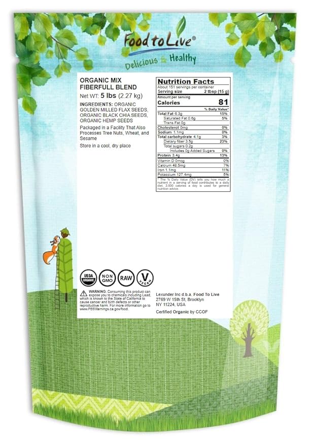 Food to Live Organic FiberFull Flax Hemp and Chia Seeds Blend 5 Pounds with Cold-Milled Flax Non-GMO Bulk. Rich in Omega 3 and Fiber. Perfect for Smoothies Salads Oatmeal
