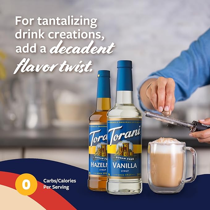 Torani Sugar Free Hazelnut Syrup and Sugar Free Vanilla Syrup Variety 2-Pack Coffee Syrups for Drinks Pumps Included 25.4 Fl Oz Ea