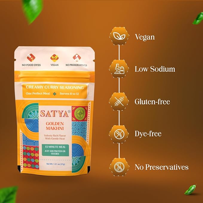 Satya Butter Chicken Creamy Curry Seasoning Mix Powder 1.31 oz Sachets (Pack of 5-185gm) – Golden Makhni Curry Masala for Protein Chicken &amp Vegetables - Vegan Gluten &amp Dye Free Low Sodium I
