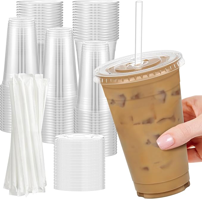 100 Pack - 24 oz Clear Plastic Cups with Lids and Straws Sturdy &amp Food Safe Iced Coffee Cups with lids Disposable Plastic Smoothie Cups for Cold Drinks