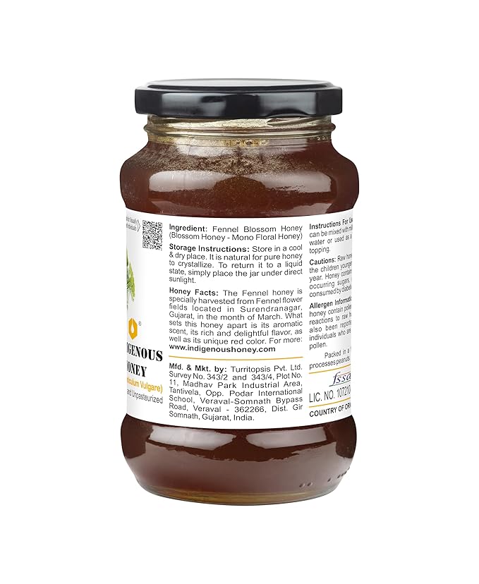 INDIGENOUS HONEY Fennel Saunf Honey Raw Organic Natural Pure Unprocessed NMR Tested Unpasteurized Unheated 530g Glass Jar Pack of 1