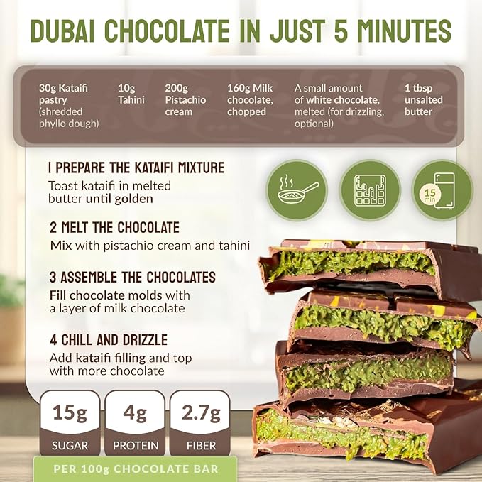 Viral Dubai Chocolate Bar Kit – Makes 14.10 oz of Bars Chocolate Mold Shredded Kataifi Pistachio Cream – DIY Gift Box Dubai Kit – Great Gift for Father’s Day