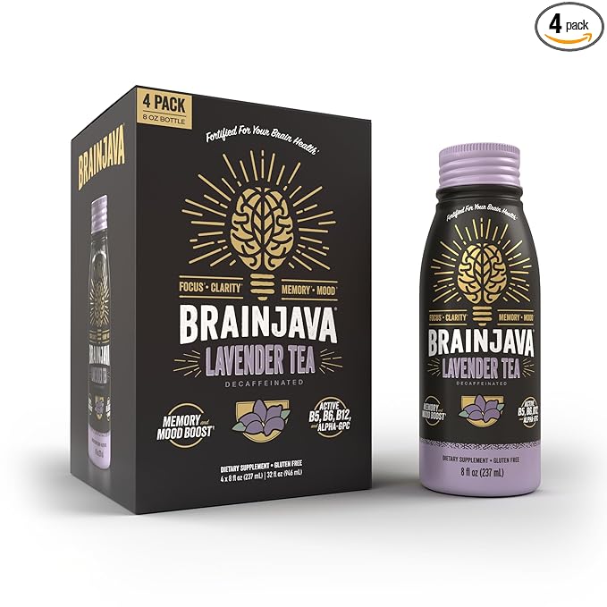 Brainjava Lavender Tea Ready to Drink Beverage With L-Theanine Vitamin C Vitamin B and Potassium for Daily Balance and Wellness Caffeine Free French Lavender With Blueberry Fruit 8 Fl Oz 4 Pac