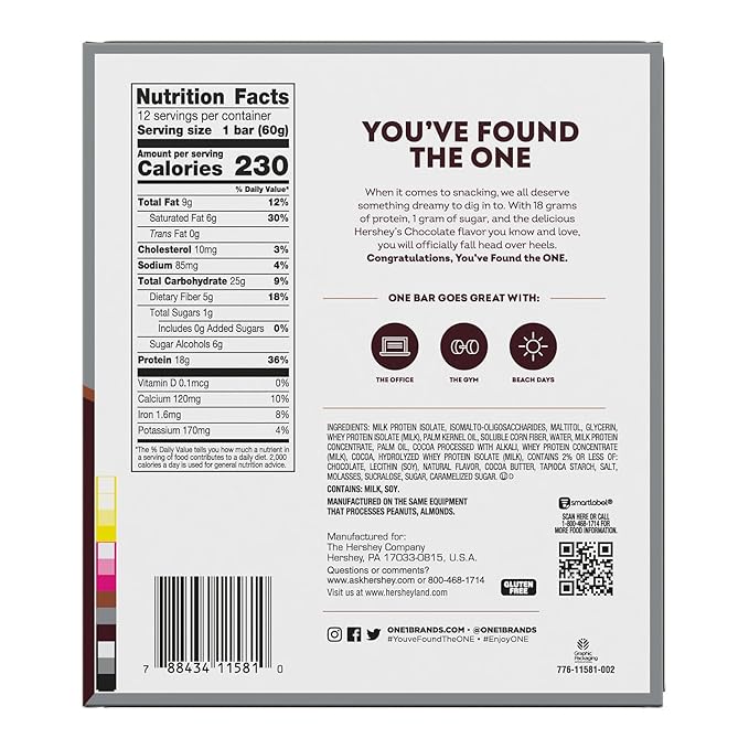 ONE Protein Bars NEW Hershey's Double Chocolate Gluten Free with 18g Protein and 3g Sugar Pantry Staples 2.12 oz (12 Pack)