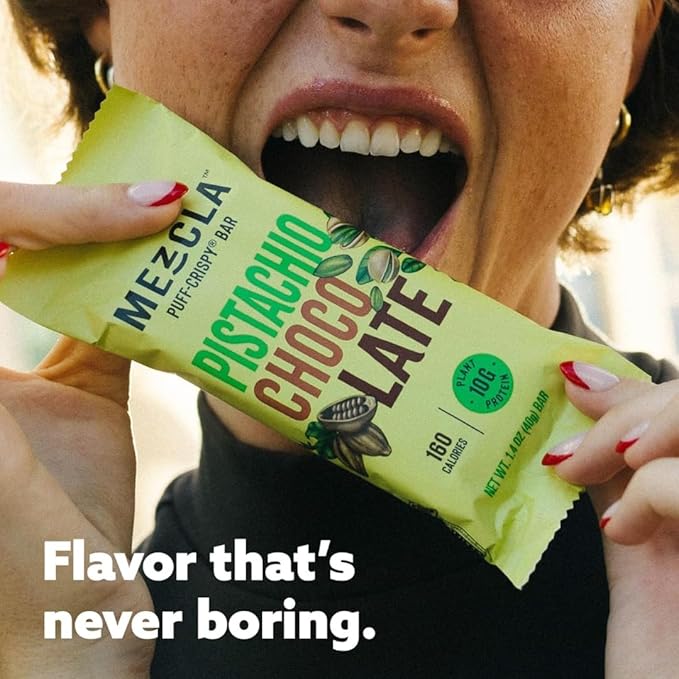 Mezcla Plant Based Protein Bars Puff-Crispy Bar Pistachio Chocolate 1.4 oz Bars Plant-Based Protein Snack Gluten Free 14 Count (Pack of 2)