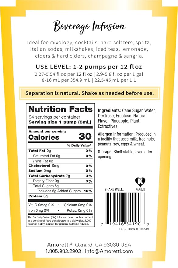 Amoretti - Pineapple Beverage Infusion - Drink Mix &amp Water Enhancer with Pump for Flavoring Cocktails Waters Teas and other Beverages Preservative Free