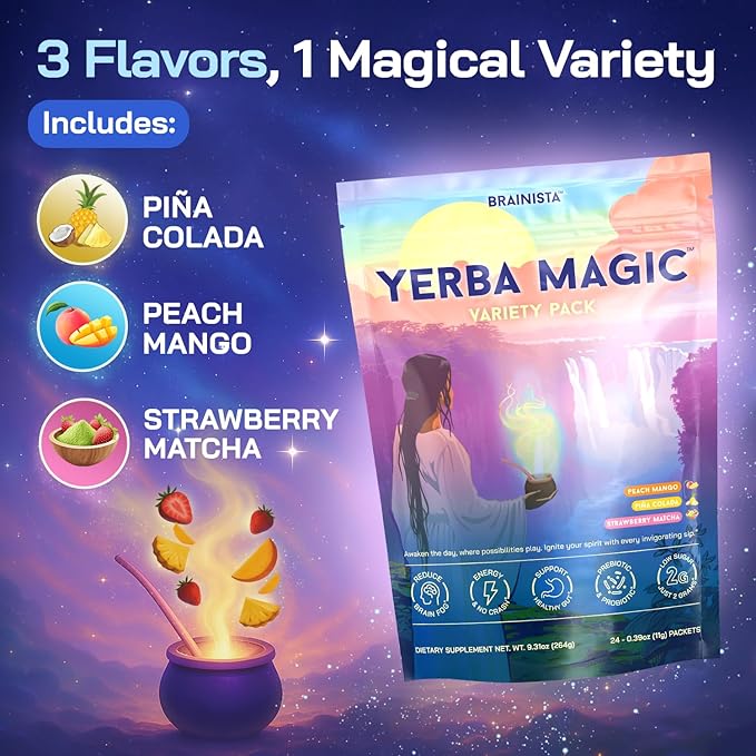 Yerba Magic Instant Yerba Mate Powder Packets – Clean Energy &amp Focus Drink Mix for Gut Health – Nootropic Blend with Lion’s Mane L-Theanine Prebiotics &amp Probiotics – Low Sugar Natural Caffei