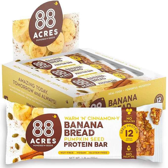 88 Acres Pumpkin Seed Protein Bars Banana Bread 9 Count 12g Plant-Based Protein Gluten Free Nut Free School Safe Snack Bar Vegan Non-GMO Individually Wrapped