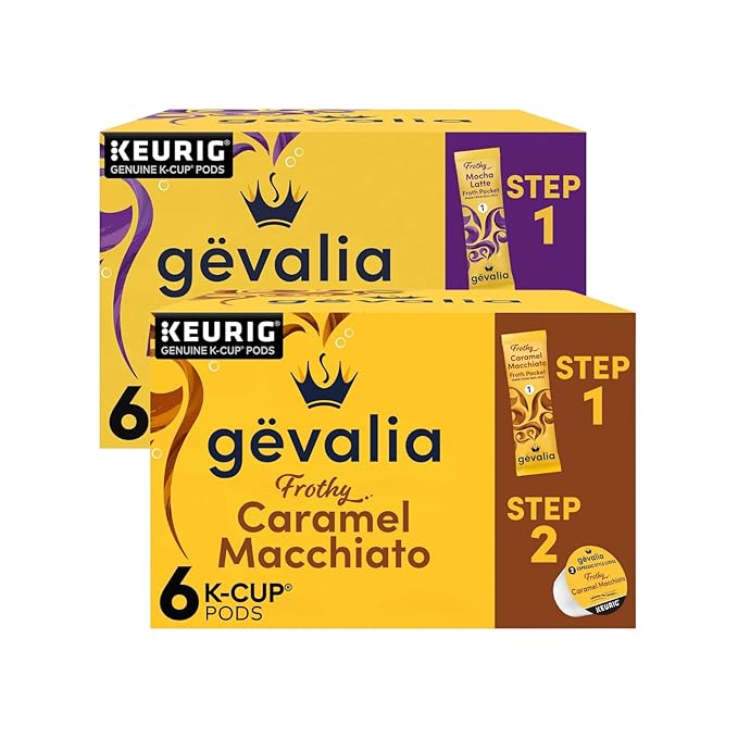 Gevalia Mocha Latte Espresso 6 Keurig K-Cups &amp Caramel Macchiato 6 Keurig K-Cups with Froth Packets (Variety Pack)