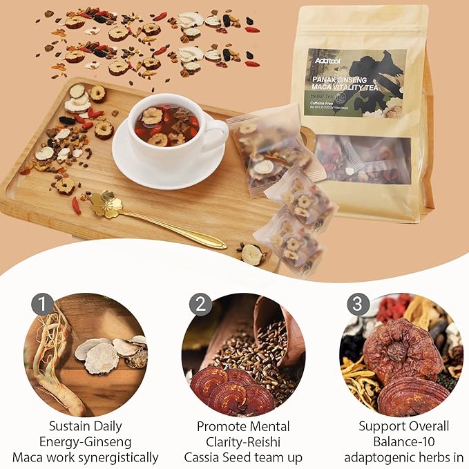 Addtool Maca Ginseng Power Blend TeaGinseng-Infused ten Treasure Kidney Tea  for Women &amp Men。withReishi Red Date Wolfberry Mulberry Cassia seedPremium (180 grams / 15 packs) Each tea bag can b