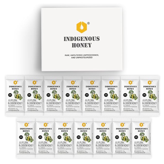 INDIGENOUS HONEY NMR Tested Juliflora Honey Raw Organic Natural Pure Unprocessed Added Sugar Free Unpasteurized Unheated 15 Gift Sachets 15g Each Total 225g