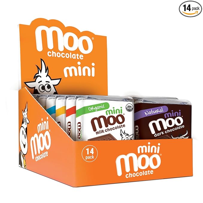 Moo Chocolate Combo Pack Organic &amp Natural Mini Bars Variety Box 0.7 oz 14 ct (Pack of 1) | Snacks for On-the-Go Lunchboxes Office