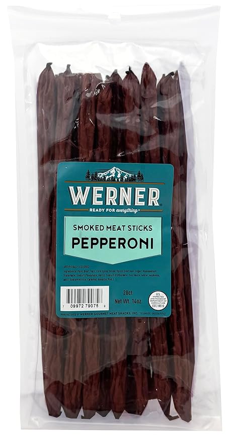 Werner Pepperoni Smoked Meat Sticks - 20 Pork and Beef Sticks Bulk Pepper Meat Snacks 14 Ounce (20 Individual Sticks 9 Sticks)