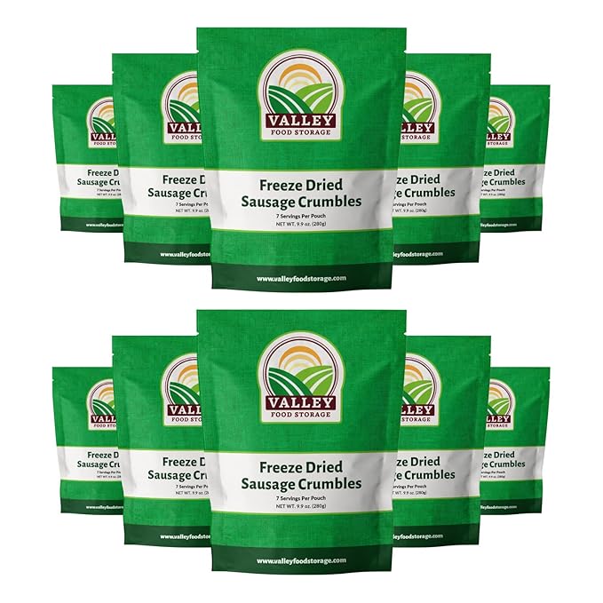 Valley Food Storage Freeze Dried Sausage Crumbles | 10-Bag Bucket 85 oz | Premium Emergency Food Supply 25 Year Shelf Life | Prepper Supplies Survival Food Camping &amp Off-Grid Living | Packaged