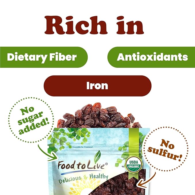 Food to Live Organic Sultana Raisins 5 Pounds - Non-GMO Unsweetened Unsulfured Lightly Coated with Organic Sunflower Oil Vegan Paleo Friendly Bulk. No Sugar Added. Vitis Vinifera Linne