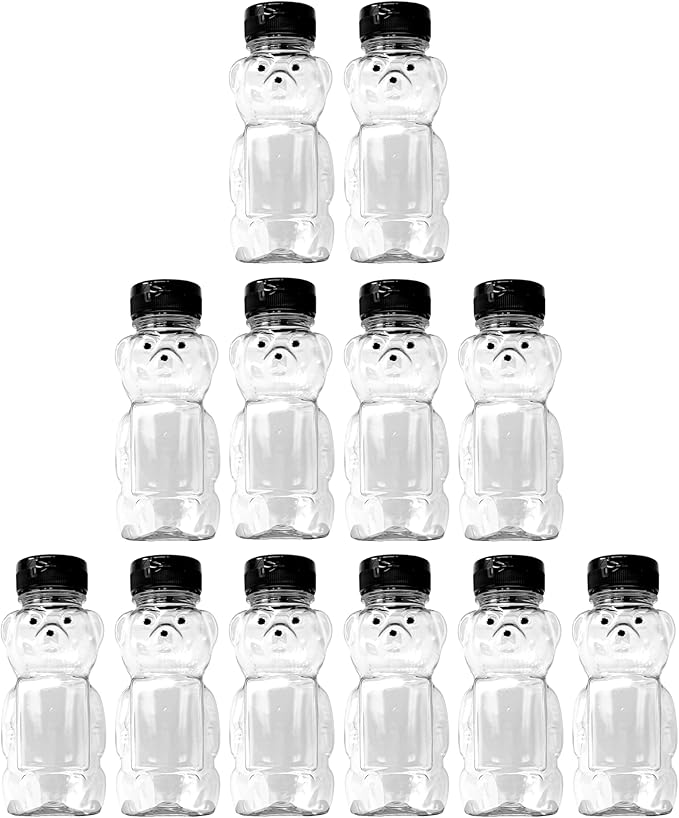 12 Ounce Clear Plastic Squeezable Honey Bears with Sealable Flip Top Lids - BPA Free Hand Wash Only (Black 12 Pack)