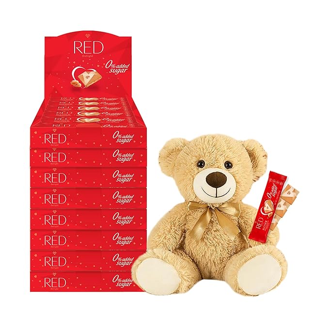 RED Delight®™ Blonde Caramelized White Chocolate 12 Count Box of Grab N Go Travel Size Bars (0.92 Ounces Each) with 14 Plush Teddy Bear (8 Boxes - Total of 96 Bars + 14 Plush Teddy Bear)