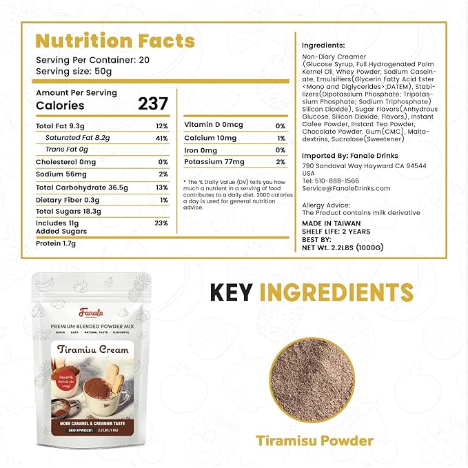 Fanale Premium Tiramisu Bubble Tea Flavoring Powder | Perfect for Baking Smoothies Desserts and Drinks | Instant Flavoring Powder for Boba Milk Tea- 2.2 Pounds (Pack of 20).