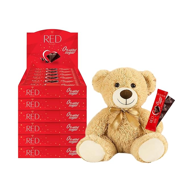 RED Delight®™ Dark Chocolate 12 Count Box of Grab N Go Travel Size Bars (0.92 Ounces Each) with 14 Plush Teddy Bear (6 Boxes - Total of 72 Bars + 14 Plush Teddy Bear)