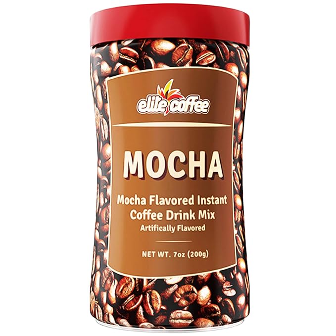 Elite Instant Coffee Mocha Flavored Drink Mix 7oz (3 Pack) Gluten Free Resealable Tin Bottle