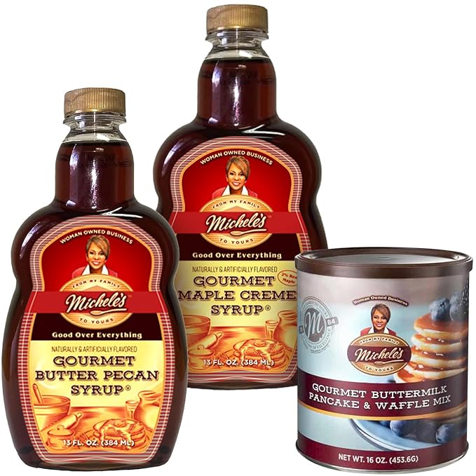 Michele’s Gourmet Breakfast Bundle – Syrup Variety Pack (Maple Crème &amp Butter Pecan) and Buttermilk Waffle &amp Pancake Mix (16 oz) | Just Add Water