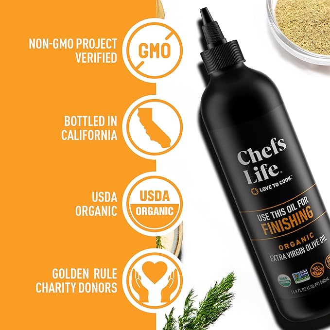 Chefs Life Organic Finishing Oil - 100% Extra Virgin Olive Oil Organic Olive Oil EVOO Perfect for Dressing Pure Single Origin Non GMO - 16.9 Fl Oz Squeezable Bottle (1 Pack)