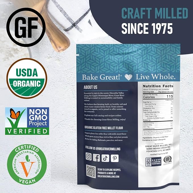 Great River Milling Organic Millet Flour | USDA Organic Naturally Gluten Free Non-GMO Vegan Kosher | Mild Nutty Flavor for Baking Flatbreads Pancakes &amp Porridge | 5 Lb.