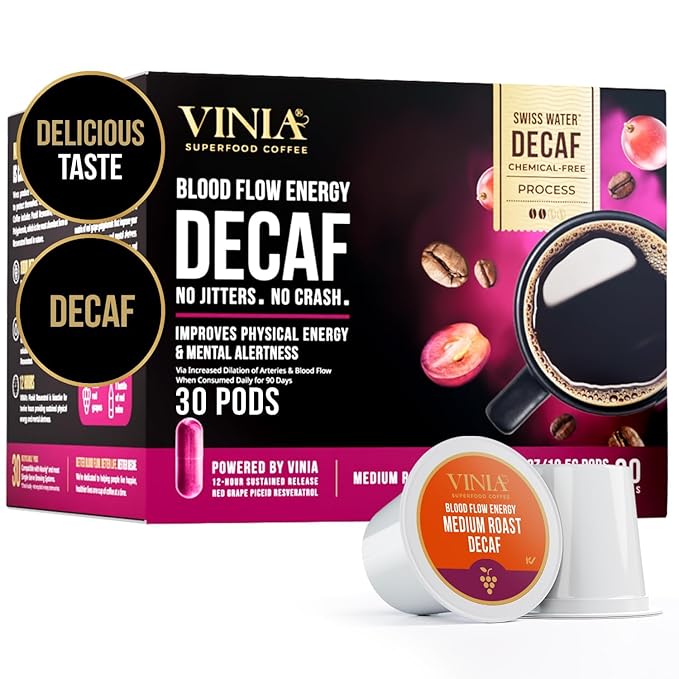 VINIA Decaf Medium Dark Roast Coffee with Red Grape Piceid Resveratrol Nitric Oxide for Heart Health Alertness Physical Energy &amp Blood Flow Circulation. 30ct K-Cup Pods