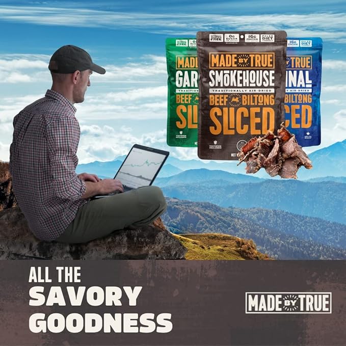 Made by True Beef Sliced Bites Smokehouse (8 Ounce Pack of 1) - All Natural Zero-Sugar True Jerky Biltong - High Protein Keto Paleo &amp Whole30 Diet - Sugar-Free Gluten-Free Carb-Free Snack P