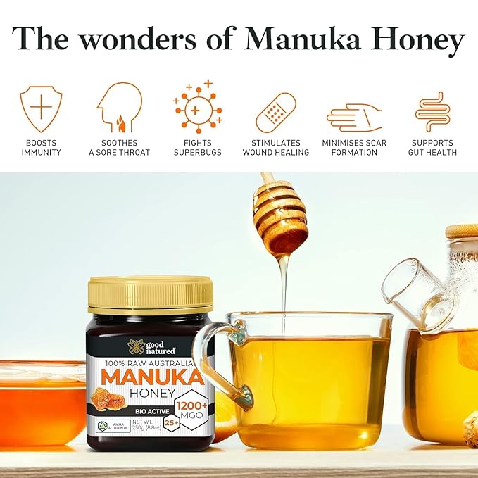 Good Natured Manuka Honey (MGO 1200+) - Highest Grade Raw Manuka Honey Medical Grade Non-GMO Lab-Tested &amp AMHA Certified BPA-free 8.8 oz