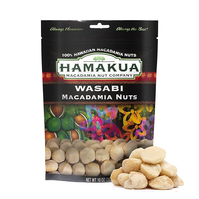 Hamakua Macadamia Nuts - Spicy Wasabi - Hawaiian Grown Flavored Dry Roasted Half and Whole Macadamias - Natural Eco-Friendly Large Macadamia Nuts