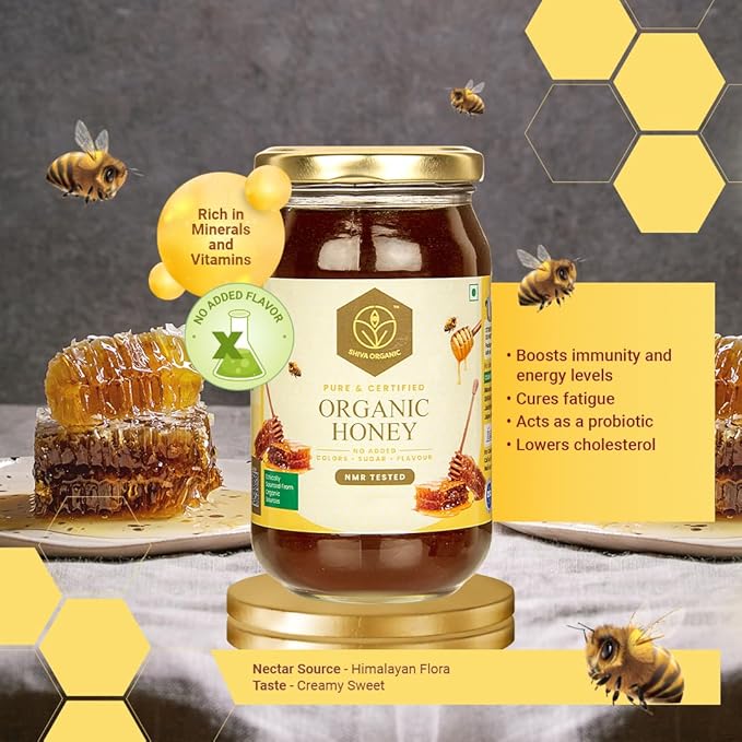 Shiva Organic's NPOP Organic Certified Honey - NMR Tested Natural Honey No Added Sugar Flavorful - 17.63 ounces (500g)