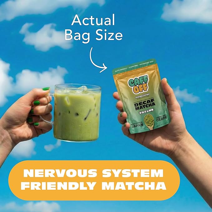 Caff Off Decaf Mango Matcha Green Tea Powder From Japan – 1.06 oz / 30 g – Ceremonial Grade &amp Sugar-Free - No Fillers or Milk Powders – Naturally Decaffeinated Without Chemicals – Tested for Heavy