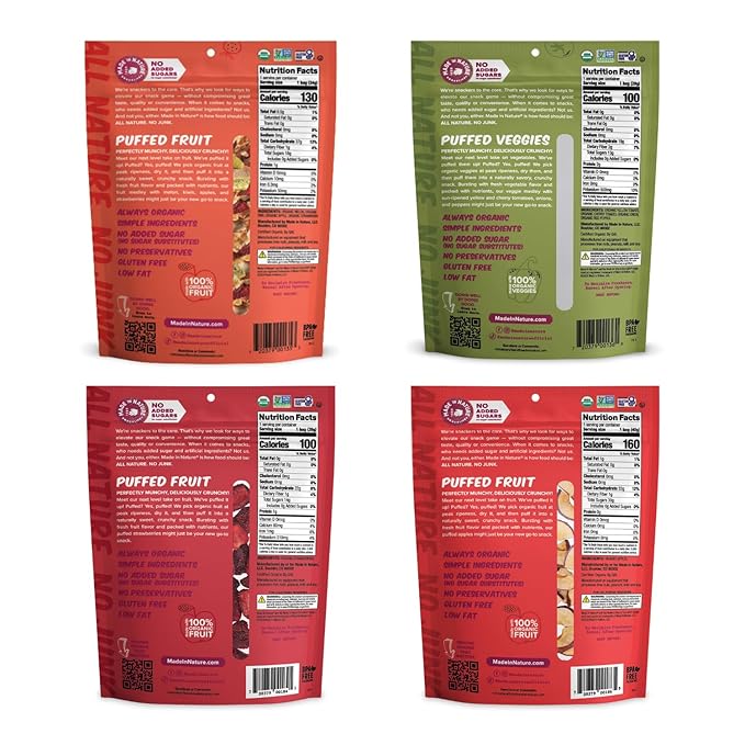 Made In Nature Organic Puffed Fruit &amp Veggie Sampler Pack 1.1 Ounce Bag (Pack of 4) - Includes 1 Veggie Medley 1 Strawberry 1 Fruit Medley 1 Apple