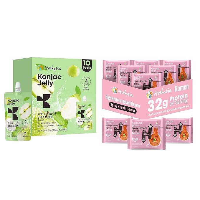 Hethstia Spicy Kimchi Protein Ramen 6-Pack and Konjac Jelly Apple Flavor – 10 Packs Drinkable Fruit Jelly Squeeze Pouches