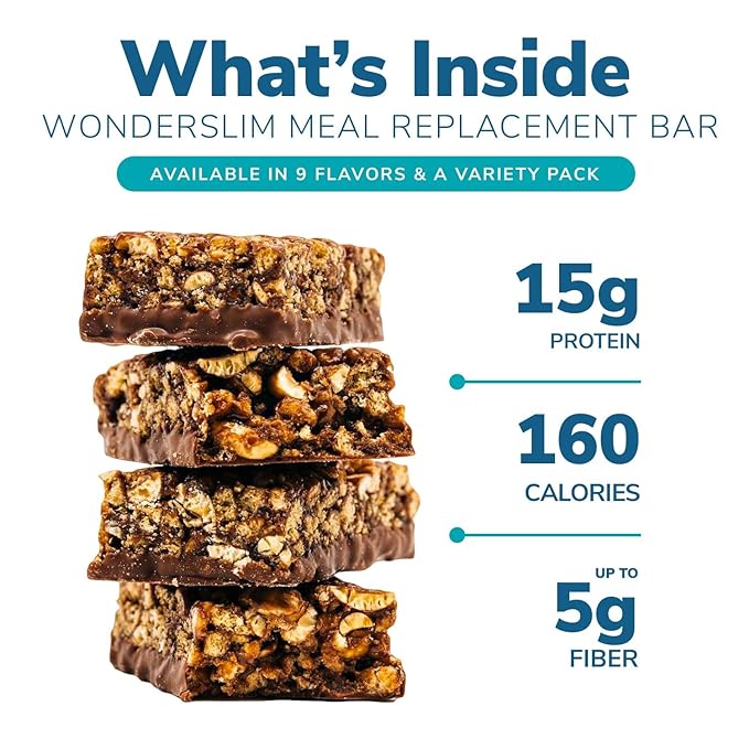WonderSlim Meal Replacement Protein Bar Variety Pack 15g Protein 20 Vitamins &amp Minerals (7ct)