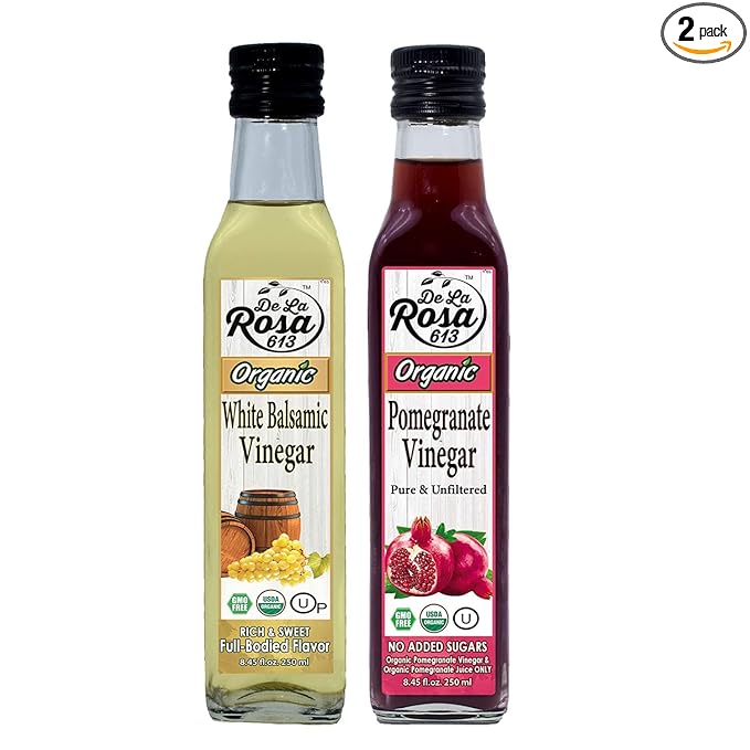 De La Rosa Organic Pomegranate and White Balsamic Vinegar Vegan Kosher Non-GMO &amp Gluten Free Great for Salad Dressings Marinades &amp More 8.45 Oz (Pack of 2)
