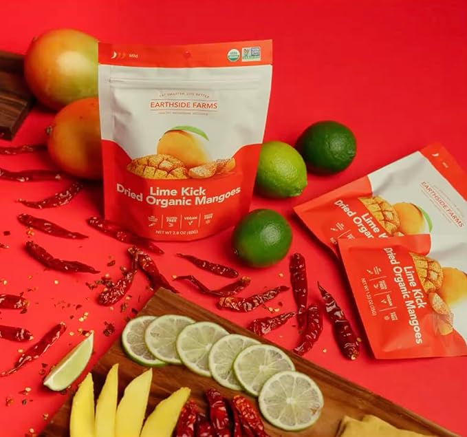 Earthside Farms - Dried Organic Mango Variety Pack Original Citrus Splash Lime Kick and Peach Paradise Dried Organic Mangoes Gluten Free No Added Sugar Non GMO Organic Vegan No Preservatives