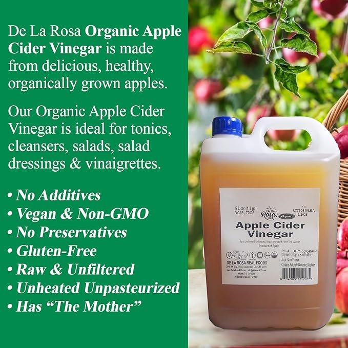 De La Rosa Organic Apple Cider Vinegar Raw &amp Unfiltered Kosher for Passover Vegan &amp Gluten Free Great for Salad Dressing &amp Marinades Apple Cider with The Mother 5 Liter (Pack of 1)