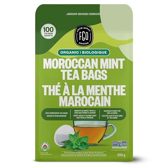 FGO Organic Moroccan Mint Green Tea 100 Count Eco-Conscious Tea Bags Resealable Bag Packaging May Vary (Pack of 1)