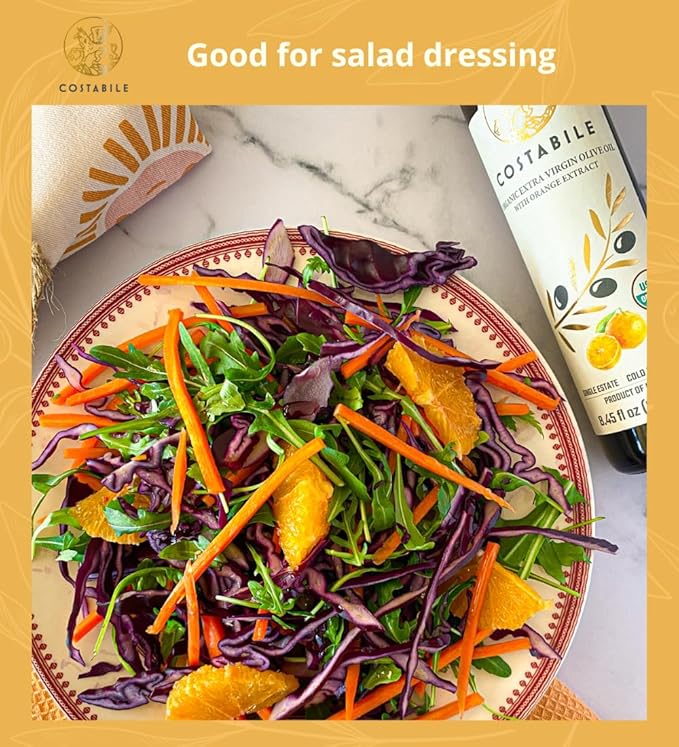 Costabile Orange Infused Olive Oil Extra Virgin Organic from Italy. Polyphenol rich olive oil flavored with natural Italian orange. For salads baking and cooking healthy keto friendly food 8.45Fl.Oz