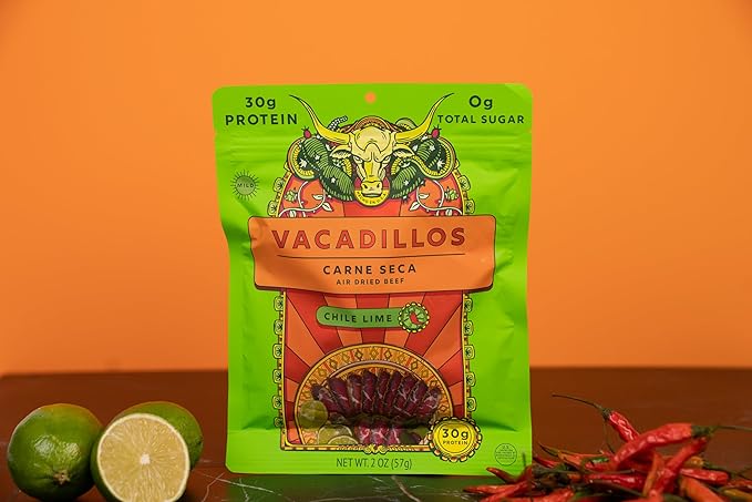Vacadillos - High Protein Carne Seca | 30g Protein Sugar Free Carbs Free Gluten Free Dairy Free Keto &amp Paleo Friendly | Mexican Inspired Beef Jerky Snack | Chile Lime Pack Of 4
