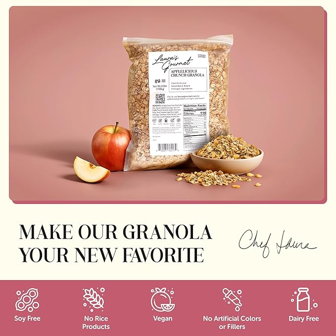 Laura's Gourmet Granola - AppleLicious Crunch - Gluten Soy &amp Dairy Free - Organic Agave Chewy Cinnamon Diced Apples Vegan Artisan Chef's Trifecta of Taste Texture &amp Mouthfeel - 2 LB