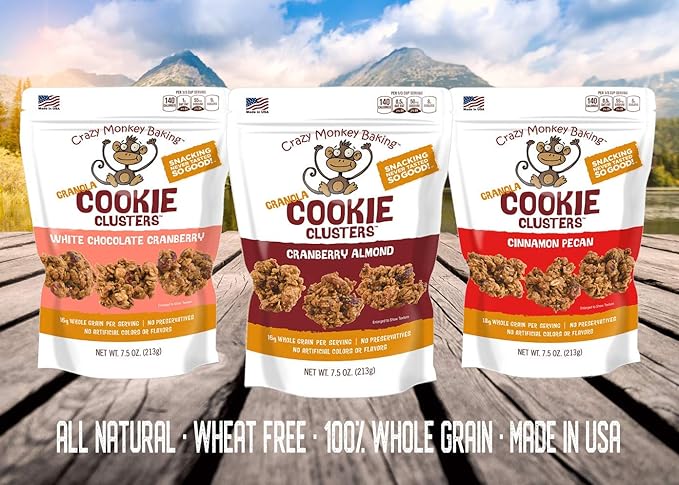 Crazy Monkey Baking | Wheat Free Granola | 100% Whole Grain | All Natural Ingredients | 4 Packs of 7.5 Ounce Resealable Bags | White Chocolate Cranberry
