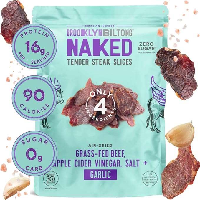 Brooklyn Biltong Air Dried Grass Fed Beef Snack South African Beef Jerky (8 oz Pack of 1) - Whole30 Approved Paleo Keto Gluten Free Sugar Free Made in USA - (Garlic)