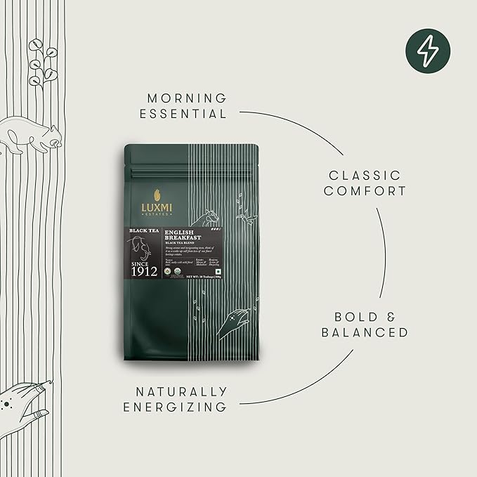 Luxmi Estates Tale of Two Estates Organic English Breakfast Tea (50 Tea Bags) Caffeinated Tea Bags For A Morning Boost and Natural Energy With Certified Organic Darjeeling &amp Assam Black Tea