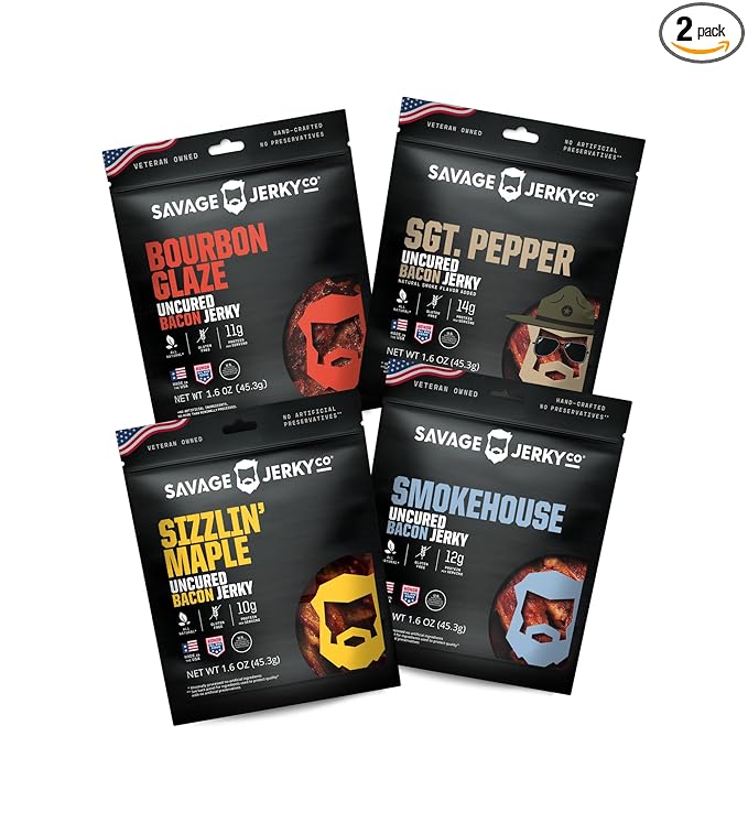 SAVAGE Bacon Jerky Variety - Sizzlin Maple Bourbon Glaze Smokehouse Sgt. Pepper (Pack of 4) - Gluten Free High Protein Low Calorie
